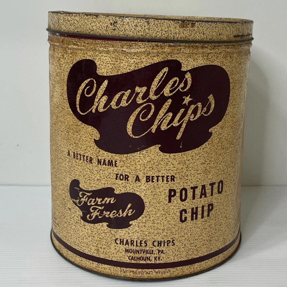 Vintage Tin Charles Chips Large Antique Farmhouse Decor MCM